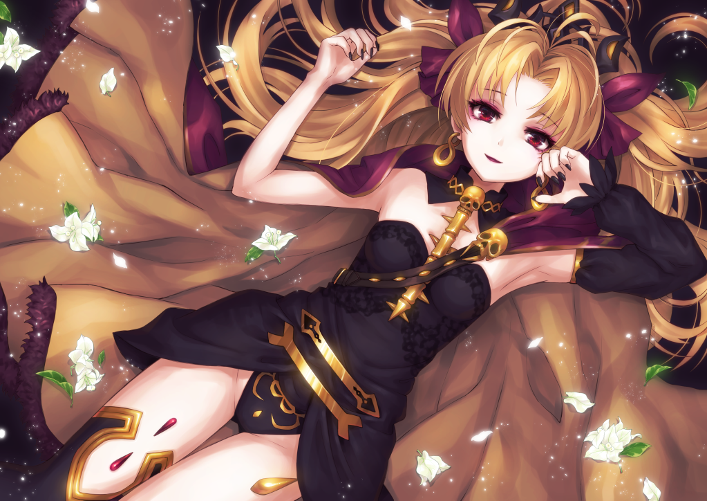 1girl bangs black_dress black_headwear black_legwear black_nails black_panties bougainvillea_(flower) cape commentary dress ereshkigal_(fate/grand_order) eyebrows_visible_through_hair fate/grand_order fate_(series) fingernails from_above fur-trimmed_cape fur_trim hair_ribbon infinity leaf light_particles long_hair looking_at_viewer lying nonaka_hako on_back panties parted_bangs parted_lips red_cape red_eyes red_ribbon ribbon sharp_fingernails short_dress smile solo spine strapless strapless_dress thigh-highs thigh_gap tiara two-sided_cape two-sided_fabric two_side_up underwear very_long_hair yellow_cape