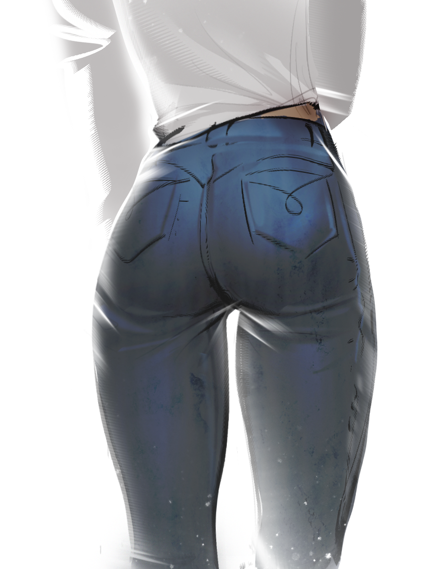 1girl ass blue_pants denim from_behind jeans long_sleeves original pants quuni shirt simple_background sketch solo standing white_background white_shirt