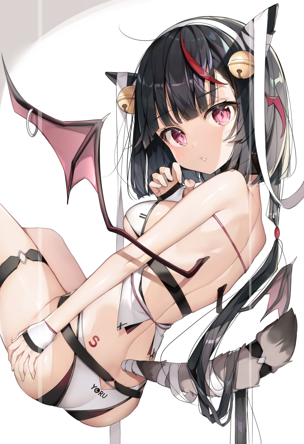 1girl ass ass_grab back bare_shoulders bell black_hair bra cat_tail choker demon_horns demon_wings grabbing_own_ass hair_ornament hairband highres horns jingle_bell looking_at_viewer looking_back mini_wings multicolored_hair original panties parted_lips red_eyes ribbon short_hair solo streaked_hair tail thigh_strap underwear underwear_only white_bra white_panties white_ribbon wings yayoichi_(yoruyoru108)