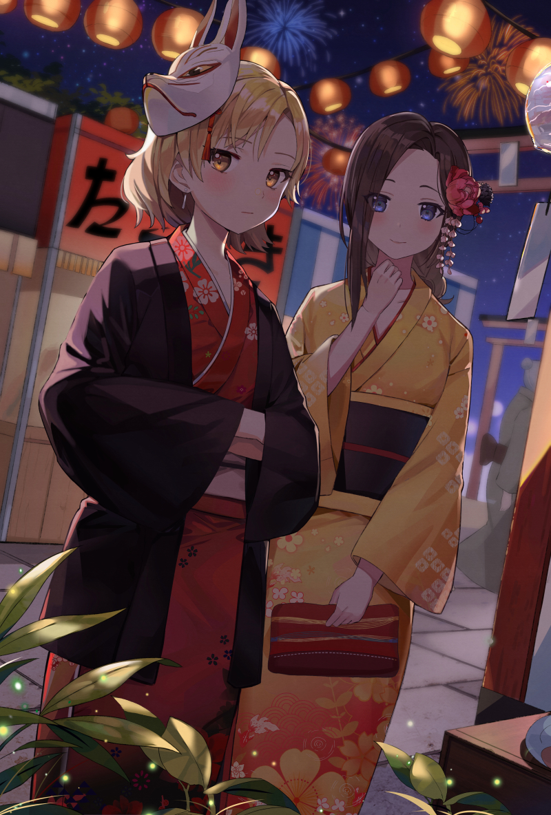 2girls :| backlighting bang_dream! bangs black_hair blue_eyes blush clenched_hand closed_mouth earrings festival fireworks floral_print flower food_stand fox_mask hair_flower hair_ornament hands_in_opposite_sleeves holding japanese_clothes jewelry kanzashi kimono kongya lantern layer_(bang_dream!) long_sleeves looking_at_viewer mask mask_on_head masking_(bang_dream!) multiple_girls night no_bangs obi outdoors paper_lantern parted_bangs parted_hair raise_a_suilen red_kimono sash smile standing wide_sleeves yellow_eyes yellow_kimono yukata