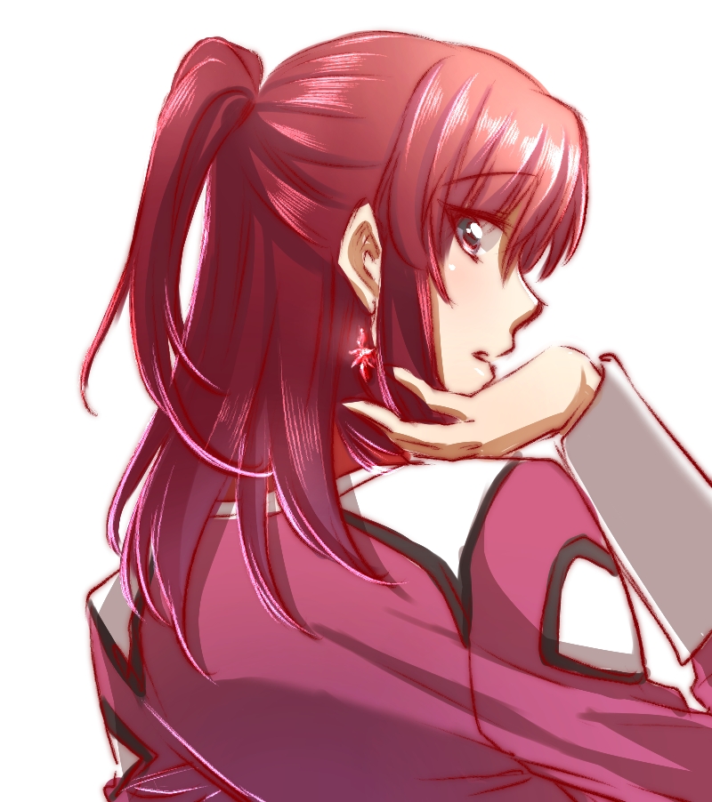 1girl bangs earrings eyebrows_visible_through_hair flay_allster from_behind gundam gundam_seed hair_between_eyes jacket jewelry long_hair long_sleeves looking_back morihaw open_mouth pink_jacket ponytail profile redhead shiny shiny_hair simple_background sketch solo upper_body white_background