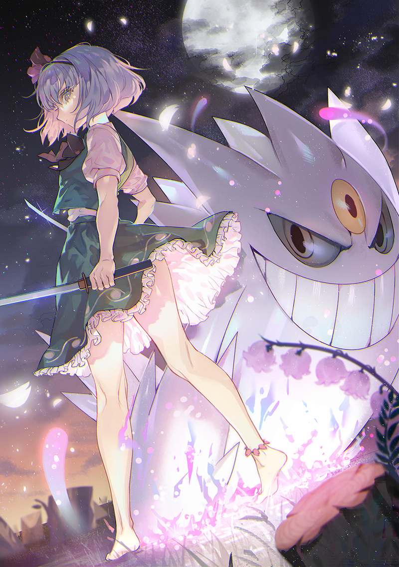 1girl anklet barefoot bow bowtie clouds crossover dark dual_wielding dutch_angle flower from_below full_moon gen_1_pokemon gengar grass green_vest hairband holding jewelry katana konpaku_youmu konpaku_youmu_(ghost) light_particles looking_at_viewer looking_to_the_side moon night night_sky outdoors petals petticoat pokemon serious short_hair silver_hair skirt skirt_lift skirt_set sky star_(sky) sword touhou vest weapon zuizi