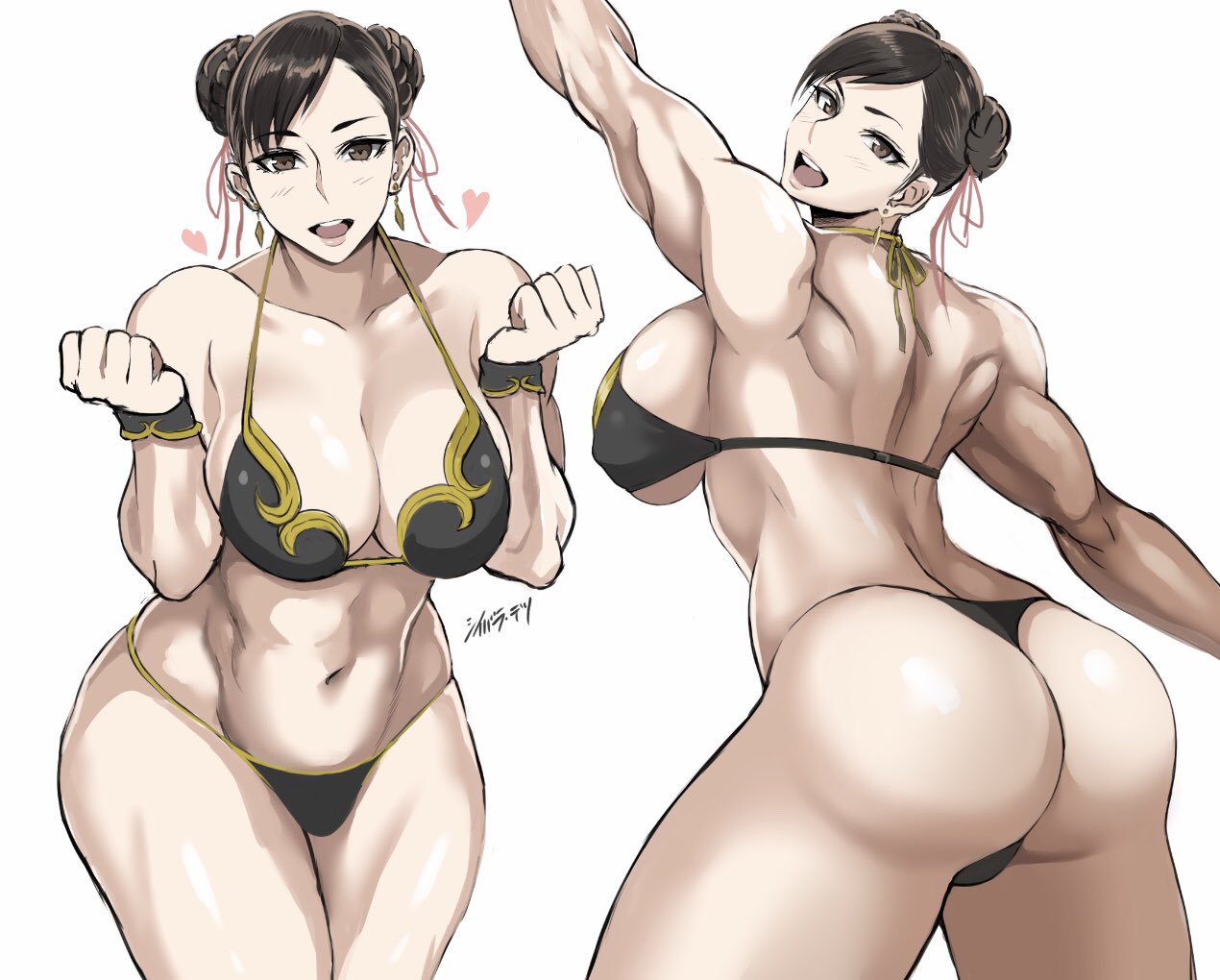 1girl :d ass back bikini black_bikini brown_eyes brown_hair chun-li clenched_hands double_bun earrings heart jewelry looking_at_viewer muscle muscular_female navel open_mouth shibusun simple_background smile street_fighter swimsuit teeth white_background