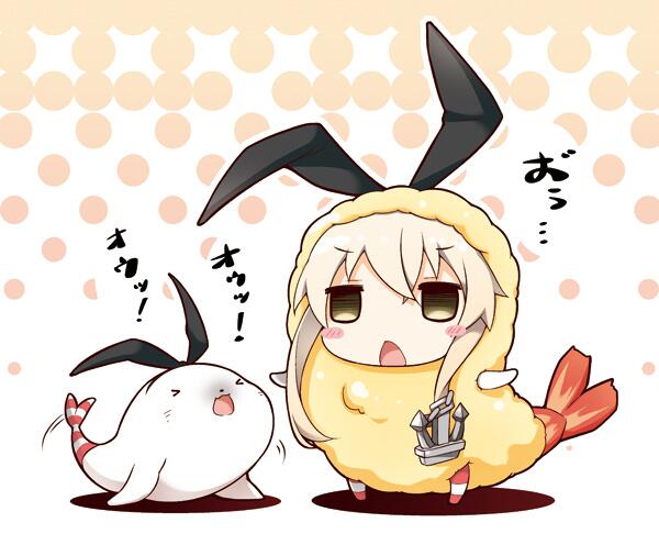 &gt;_&lt; 1girl 1other alternate_costume anchor_hair_ornament black_hairband blonde_hair blush blush_stickers chibi commentary_request eyebrows_visible_through_hair food hair_ornament hairband kantai_collection long_hair open_mouth seal shimakaze_(kantai_collection) shrimp shrimp_tempura simple_background skirt striped striped_legwear tempura thigh-highs yume_no_owari
