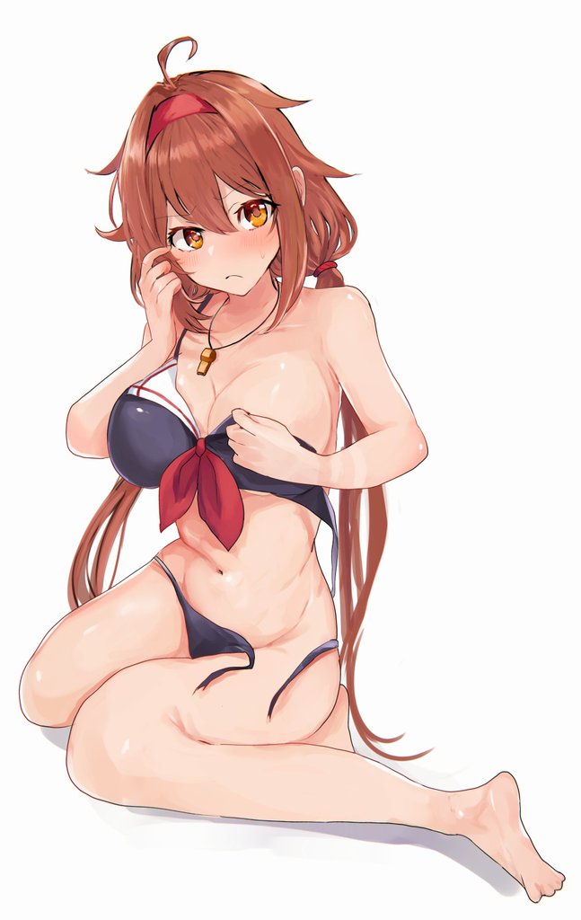 1girl adapted_costume ahoge barefoot bikini black_bikini brown_eyes commentary_request full_body hair_flaps hairband kantai_collection long_hair looking_at_viewer low_twintails miyako_(00727aomiyako) red_hairband shiratsuyu_(kantai_collection) short_hair simple_background sitting solo swimsuit twintails untied wariza whistle whistle_around_neck white_background