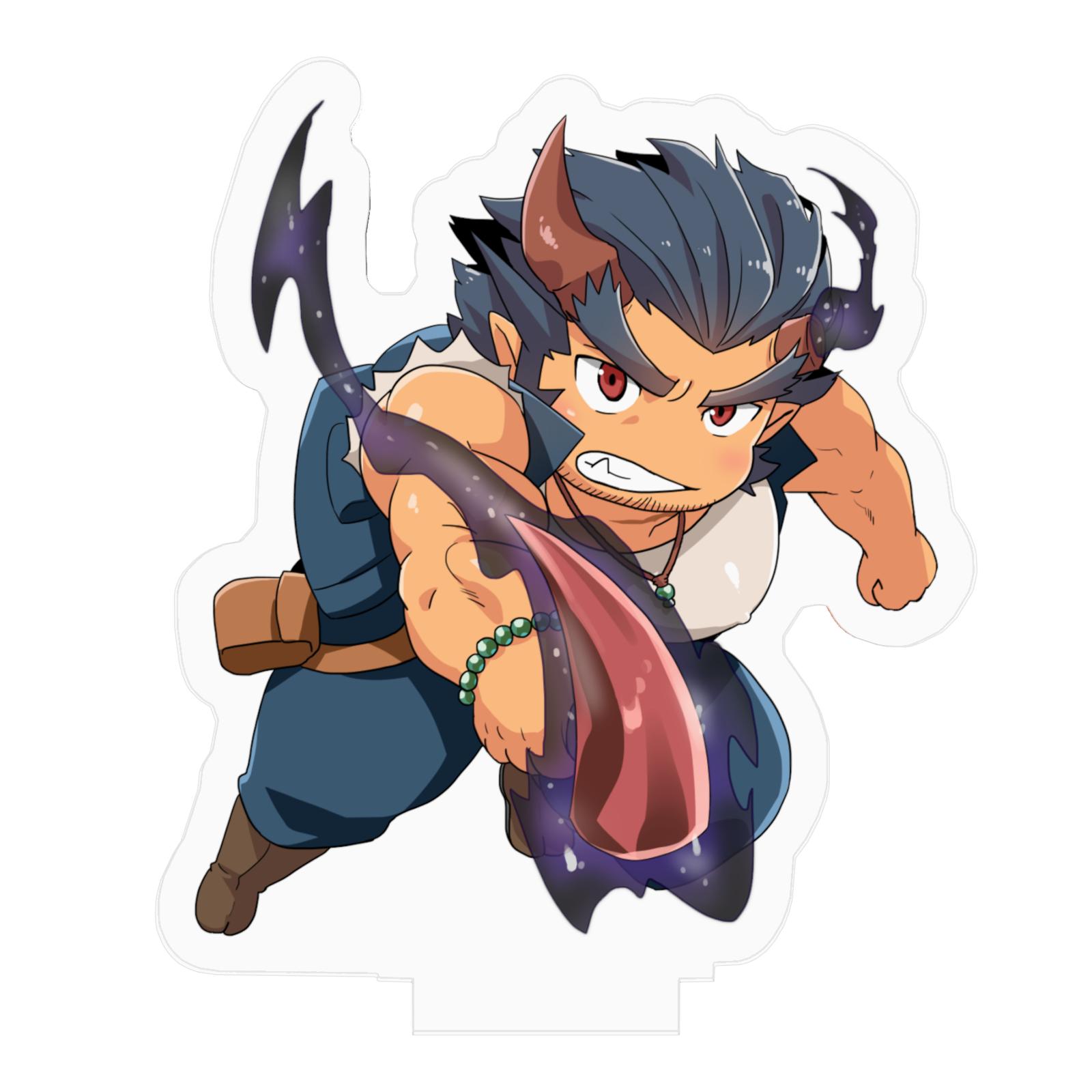 1boy bare_shoulders beard chibi covered_nipples dark_blue_hair facial_hair fang fighting_stance full_body highres horns male_focus red_eyes shoes sleeveless sugo6969 takemaru_(tokyo_houkago_summoners) thick_eyebrows tokyo_houkago_summoners white_background