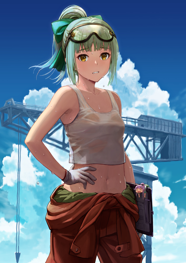 2girls bangs blunt_bangs breasts clothes_around_waist clouds day eyebrows_visible_through_hair fairy_(kantai_collection) gloves goggles goggles_on_head green_hair hair_ribbon hand_on_hip jumpsuit kantai_collection long_hair midriff multiple_girls navel orange_jumpsuit outdoors ponytail ribbon sky small_breasts sweat tank_top tantaka wet wet_clothes white_tank_top yellow_eyes yuubari_(kantai_collection)