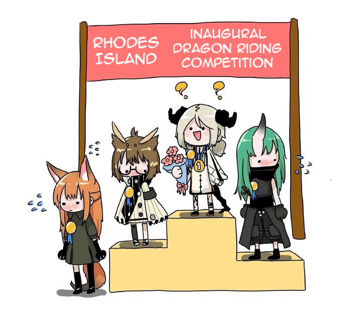 4girls animal_ears arknights artist_request clueless embarrassed english_text fox_ears fox_tail hard_translated horns hoshiguma_(arknights) ifrit_(arknights) liskarm_(arknights) medal multiple_girls oni oni_horns owl_ears silence_(arknights) single_horn tail third-party_edit