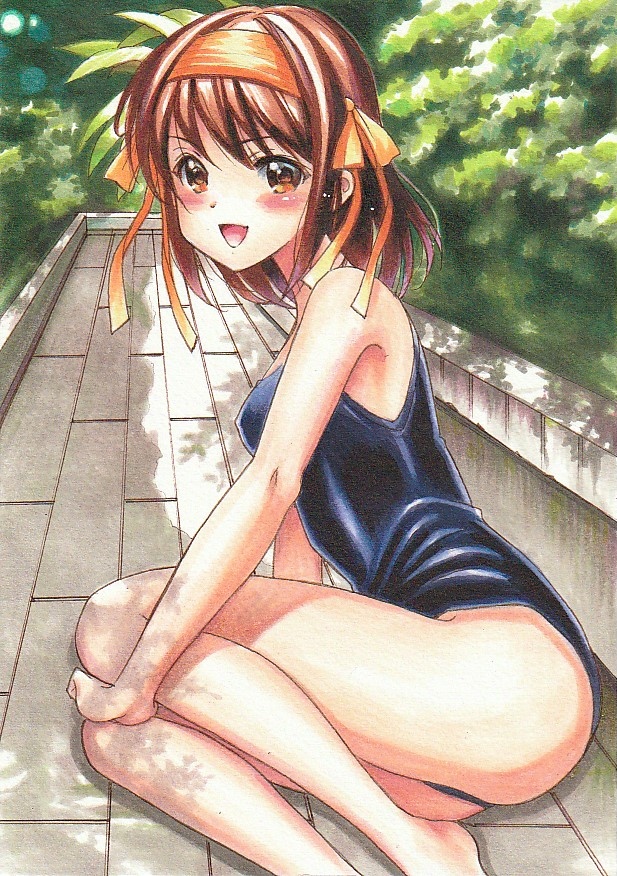 1girl :d bangs barefoot blue_swimsuit blush brown_eyes brown_hair day eyebrows_visible_through_hair hair_between_eyes hair_ribbon hairband marker_(medium) medium_hair open_mouth orange_hairband orange_ribbon outdoors ribbon school_swimsuit shiny shiny_hair sitting smile solo suzumiya_haruhi suzumiya_haruhi_no_yuuutsu swimsuit tomoeri traditional_media