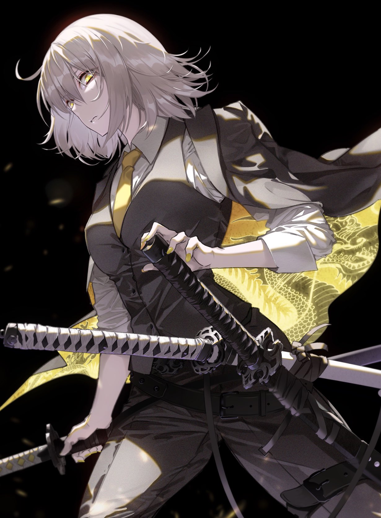 alternate_costume bangs breasts collared_shirt fate/apocrypha fate/grand_order fate_(series) highres jeanne_d'arc_(alter)_(fate) jeanne_d'arc_(fate)_(all) large_breasts necktie shirt short_hair silver_hair suit_jacket tsurime tsurukame vest white_shirt yellow_eyes