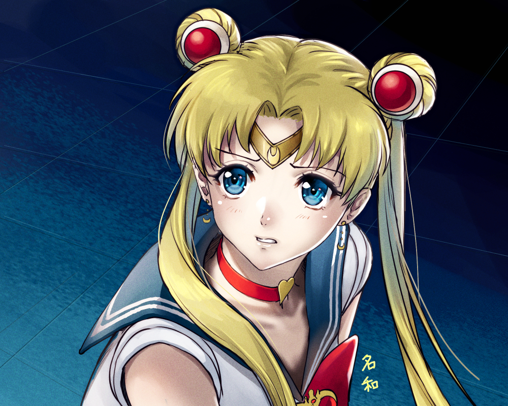 1girl bangs bishoujo_senshi_sailor_moon blonde_hair blue_eyes blue_sailor_collar bow bowtie choker circlet collarbone collared_shirt crescent crescent_earrings double_bun earrings floating_hair hair_tubes heart heart_choker jewelry long_hair red_bow red_choker red_neckwear sailor_collar sailor_moon sailor_moon_redraw_challenge sailor_senshi_uniform sailor_shirt shinmanawa shirt sleeveless sleeveless_shirt solo twintails upper_body very_long_hair white_shirt