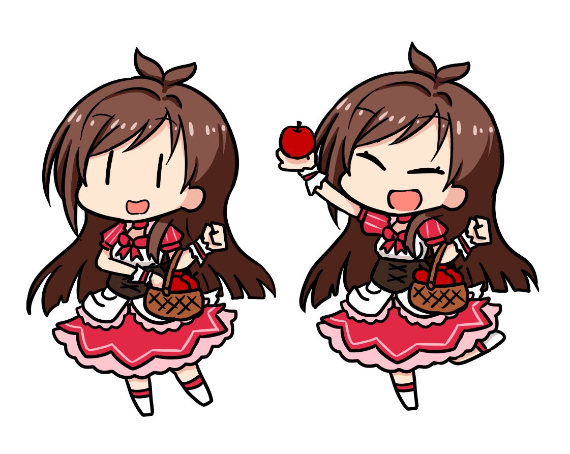 1girl apple basket bow bowtie brown_hair chibi closed_eyes commentary daisukebachi dress food fruit full_body holding holding_food holding_fruit idolmaster idolmaster_cinderella_girls leg_up long_hair open_mouth red_apple short_sleeves simple_background smile tsujino_akari variations white_background wrist_cuffs