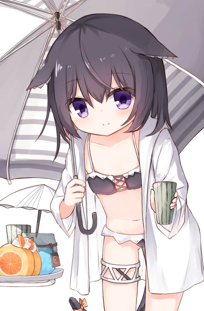 1girl animal_ears bangs bikini bikini_under_clothes black_bikini black_hair blush closed_mouth collarbone commentary_request cup drinking_glass eyebrows_visible_through_hair flat_chest food grey_umbrella hair_between_eyes holding holding_cup holding_umbrella long_hair long_sleeves looking_at_viewer navel open_clothes open_shirt original shirt simple_background smile solo striped swimsuit umbrella violet_eyes white_background white_shirt yuuhagi_(amaretto-no-natsu)