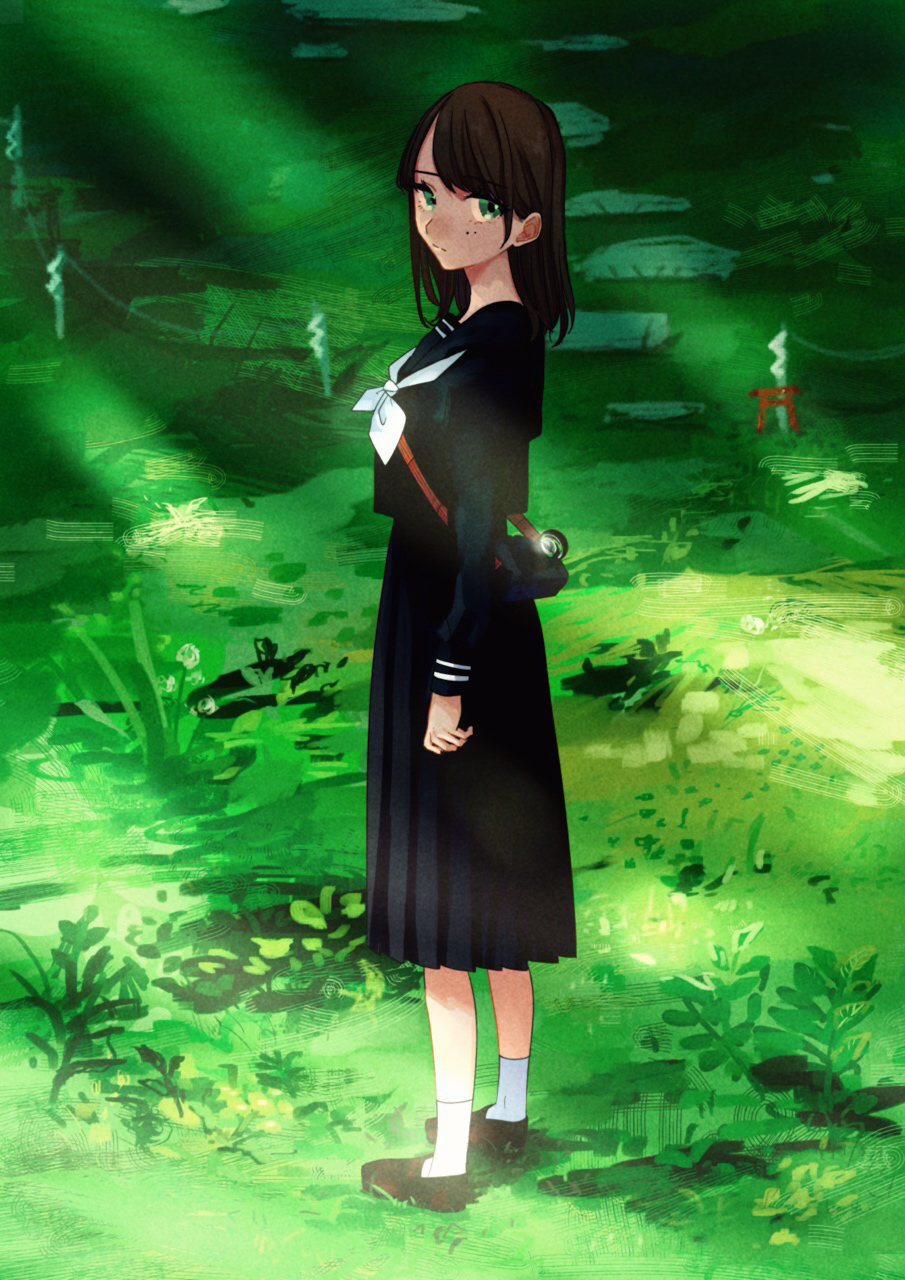 1girl arm_at_side black_serafuku black_skirt brown_footwear brown_hair camera day dyuba000 freckles full_body grass green_eyes highres long_sleeves original outdoors school_uniform serafuku skirt socks standing torii white_legwear white_neckwear