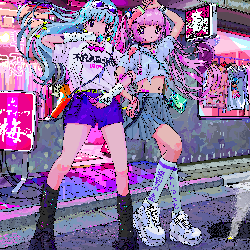 2girls ace_akira bag blue_eyes blue_hair blue_skirt cropped_hoodie fingerless_gloves gloves handbag locked_arms looking_down multiple_girls original pink_eyes pink_hair pixel_art shirt_tucked_in short_shorts shorts skirt storefront white_gloves