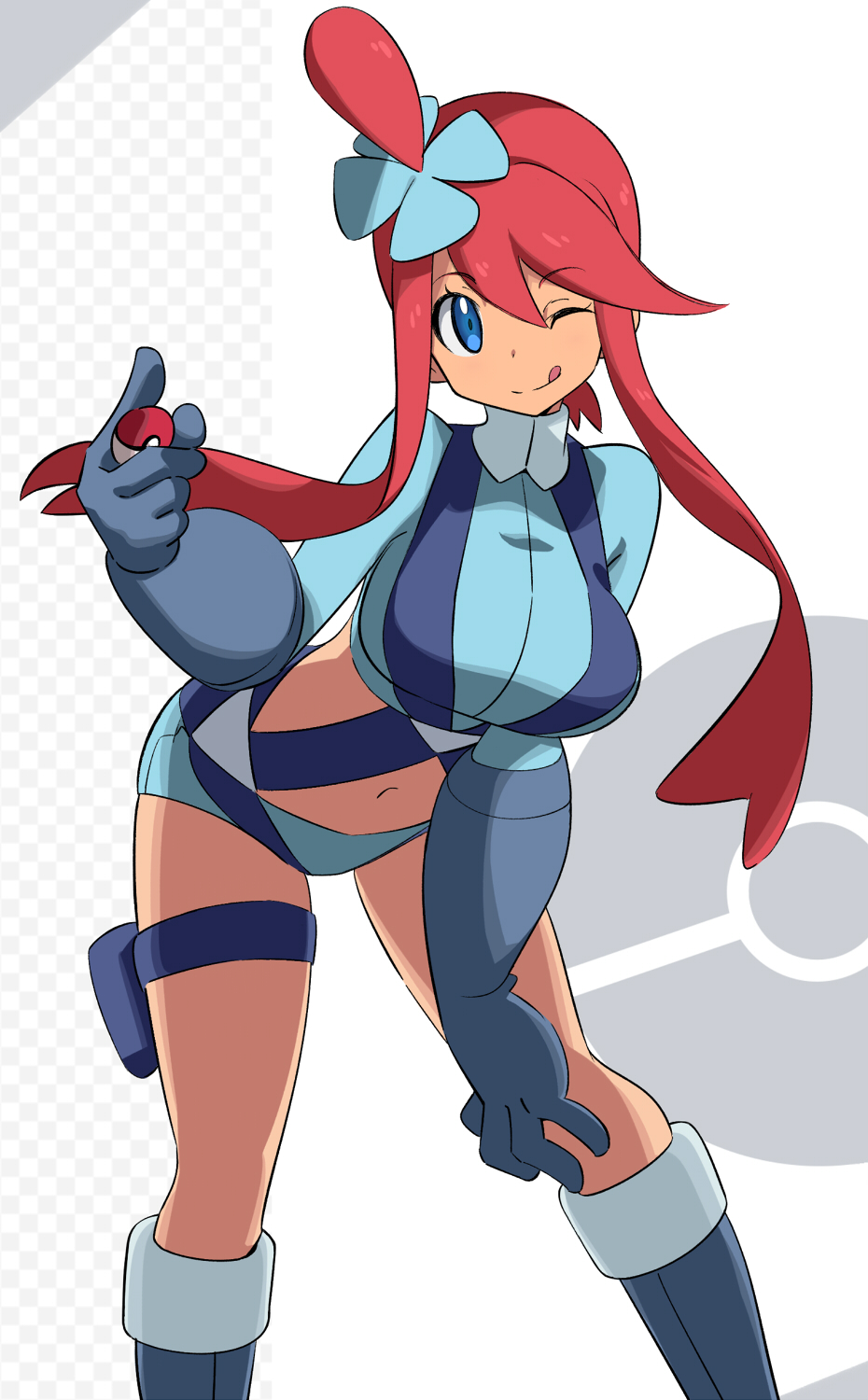1girl ;q bangs belt blue_belt blue_eyes blue_footwear blue_gloves blue_jacket blue_shorts blush boots breasts commentary_request cowboy_shot cropped_jacket elbow_gloves eyebrows_visible_through_hair fuuro_(pokemon) gloves grey_background gym_leader hair_between_eyes hair_ornament hand_on_own_knee highres holding holding_poke_ball holster jacket knee_boots large_breasts leaning_forward long_hair looking_at_viewer midriff navel one_eye_closed one_side_up poke_ball poke_ball_(basic) pokemon pokemon_(game) pokemon_bw redhead revision sakuraidai short_shorts shorts sidelocks smile solo standing thigh_holster tongue tongue_out two-tone_background white_background