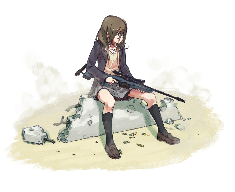 1girl black_legwear brown_footwear brown_hair cigarette concrete denchuubou full_body green_eyes grey_jacket grey_skirt gun jacket kneehighs long_hair original pleated_skirt rebar rifle school_uniform shoes sitting skirt sniper_rifle solo weapon white_background