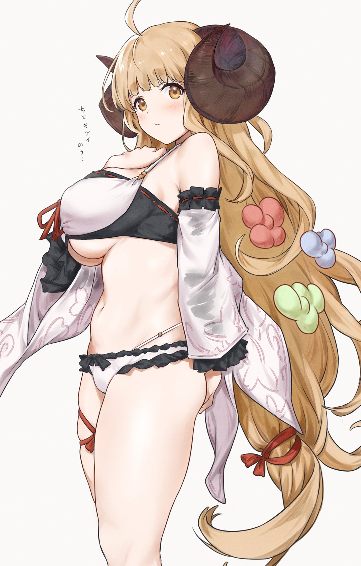 1girl ahoge anila_(granblue_fantasy) bikini blonde_hair blush breasts commentary_request draph frills from_side granblue_fantasy hair_ornament highres horns large_breasts long_hair looking_at_viewer multicolored multicolored_bikini multicolored_clothes red_ribbon ribbon saboten sheep_horns sleeveless solo swimsuit thigh_strap thighs translation_request under_boob very_long_hair yellow_eyes