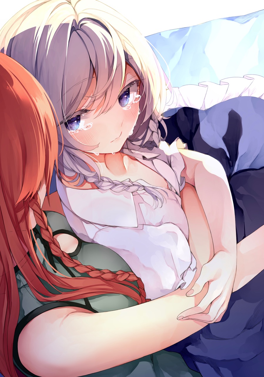 2girls arm_across_chest bare_arms blue_eyes blue_skirt braid breasts commentary_request crying crying_with_eyes_open dress eyebrows_visible_through_hair hand_on_another's_arm highres hong_meiling hug hug_from_behind izayoi_sakuya large_breasts leaning_on_person light_smile long_hair looking_at_another looking_back multiple_girls no_headwear no_vest pillow puffy_short_sleeves puffy_sleeves redhead risui_(suzu_rks) shirt short_hair short_sleeves silver_hair skirt sleeveless sleeveless_dress tears touhou twin_braids very_long_hair white_background white_shirt yuri