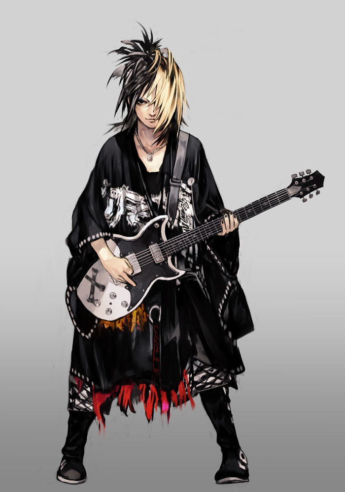 1boy black_eyes black_footwear black_hair black_nails blonde_hair closed_mouth guitar hair_over_one_eye hankuri holding instrument jewelry multicolored_hair musician necklace pants real_life simple_background smile solo standing tonomura_hisashi