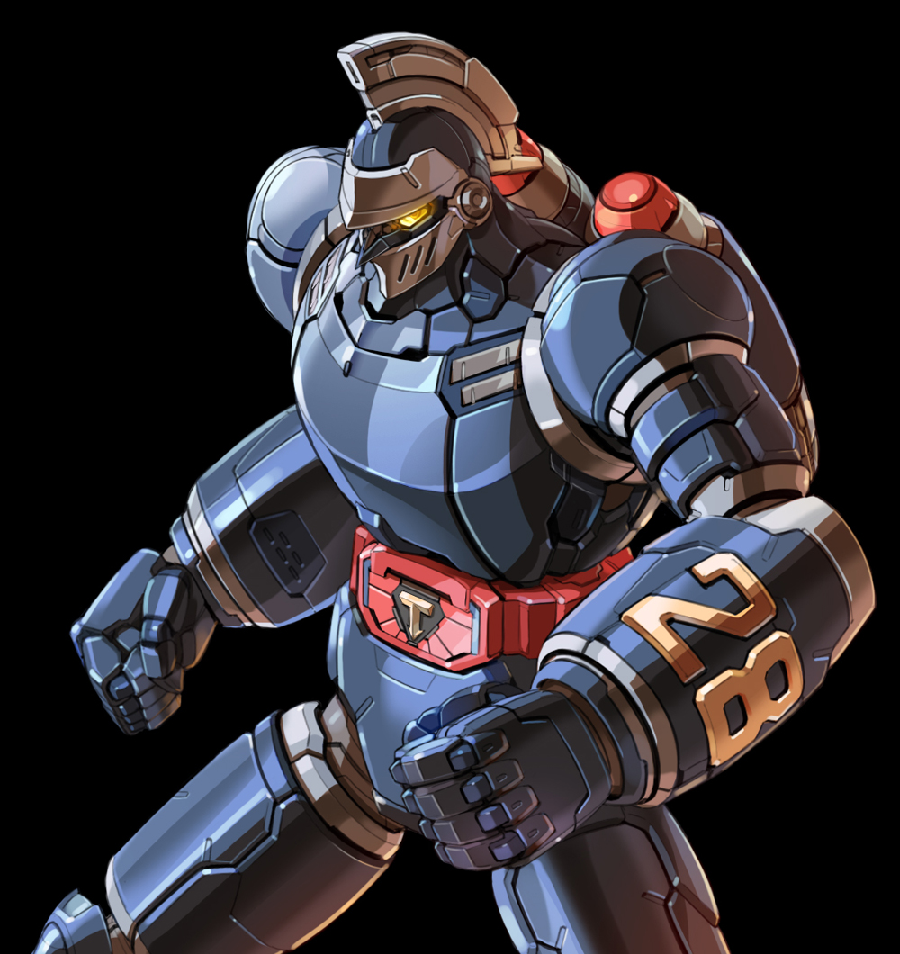 black_background clenched_hands fighting_stance glowing glowing_eyes jetpack looking_down mecha no_humans solo taedu taiyou_no_shisha_tetsujin_28-gou tetsujin_28 tetsujin_28-gou yellow_eyes