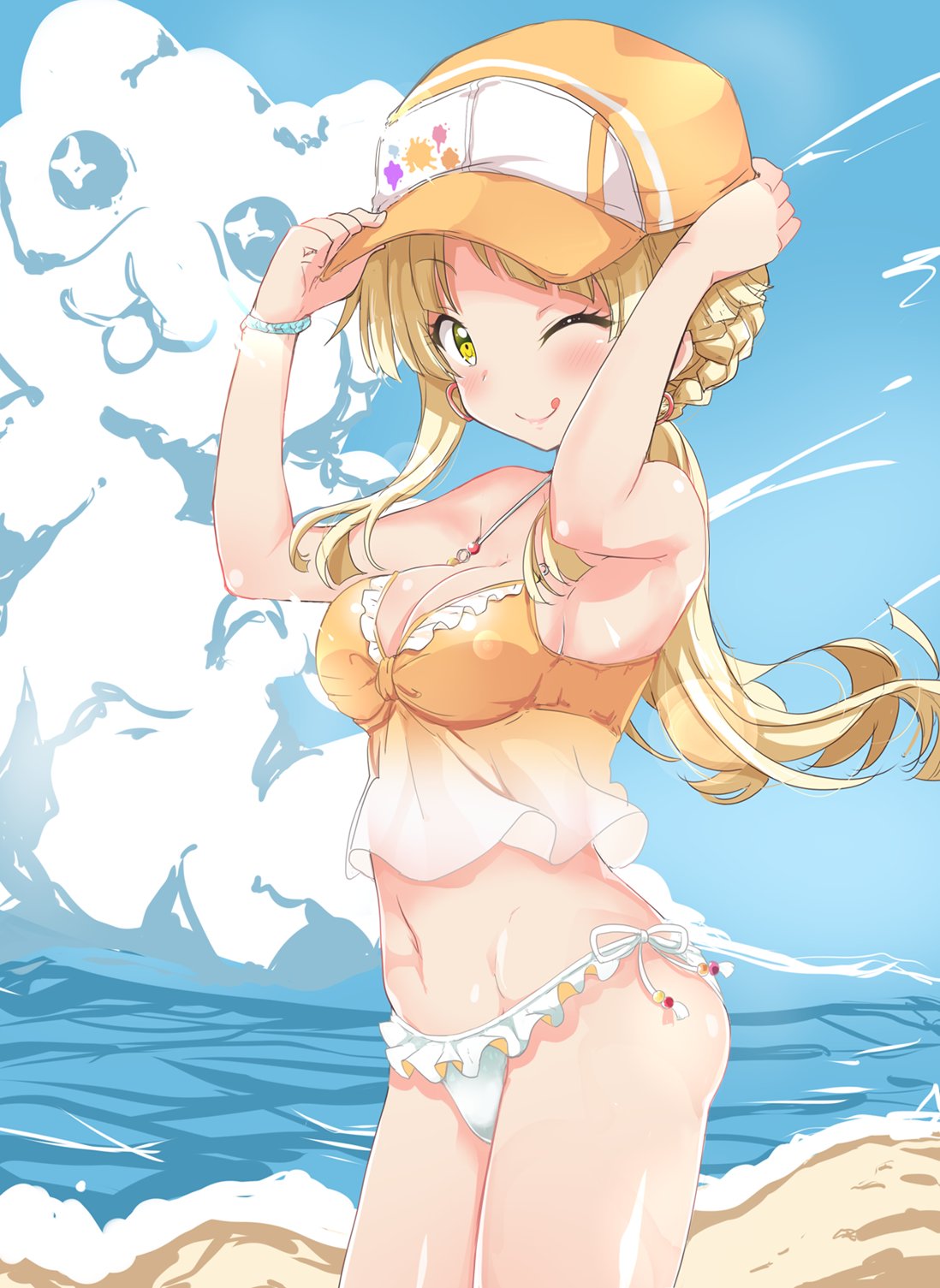 1girl ;q adjusting_headwear bang_dream! bangs baseball_cap beach bikini blonde_hair blue_sky bracelet braid breasts closed_mouth clouds cloudy_sky cowboy_shot earrings frilled_bikini frills hat highres itamochi jewelry long_hair looking_at_viewer medium_breasts mismatched_bikini navel ocean one_eye_closed ponytail shiny shiny_skin side-tie_bikini sidelocks sky smile solo standing swimsuit tongue tongue_out tsurumaki_kokoro white_bikini yellow_bikini yellow_eyes yellow_headwear