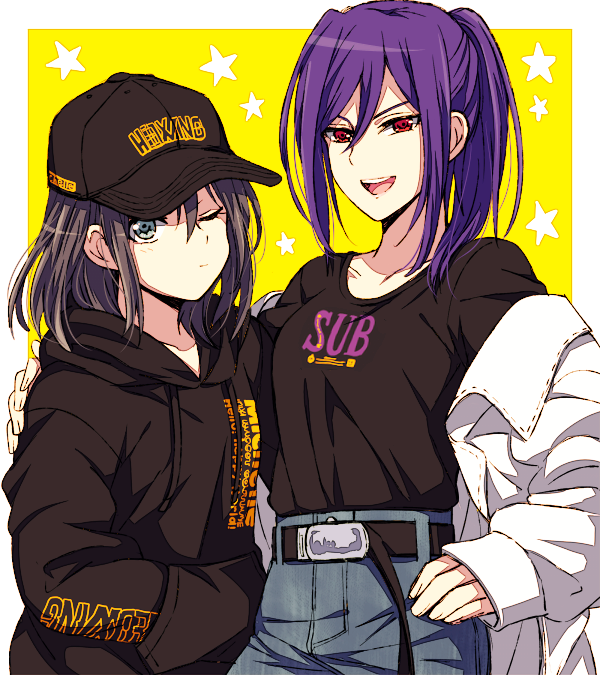 2girls :d akasata arm_around_shoulder bang_dream! baseball_cap belt black_hair black_hoodie black_shirt blue_eyes clothes_writing coat denim hair_between_eyes hand_on_hip hands_in_pockets hat hood hood_down jeans long_sleeves looking_at_viewer multiple_girls okusawa_misaki one_eye_closed open_mouth pants ponytail red_eyes seta_kaoru shirt sidelocks smile starry_background white_coat yellow_background