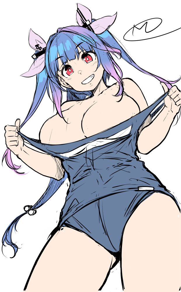 1girl bangs blue_hair blue_swimsuit blunt_bangs breasts commentary_request eyebrows_visible_through_hair gradient_hair grin hair_ribbon happa_(cloverppd) huge_breasts i-19_(kantai_collection) kantai_collection long_hair looking_at_viewer multicolored_hair one-piece_swimsuit pink_hair red_eyes ribbon simple_background sketch smile solo swimsuit swimsuit_pull tri_tails white_background work_in_progress