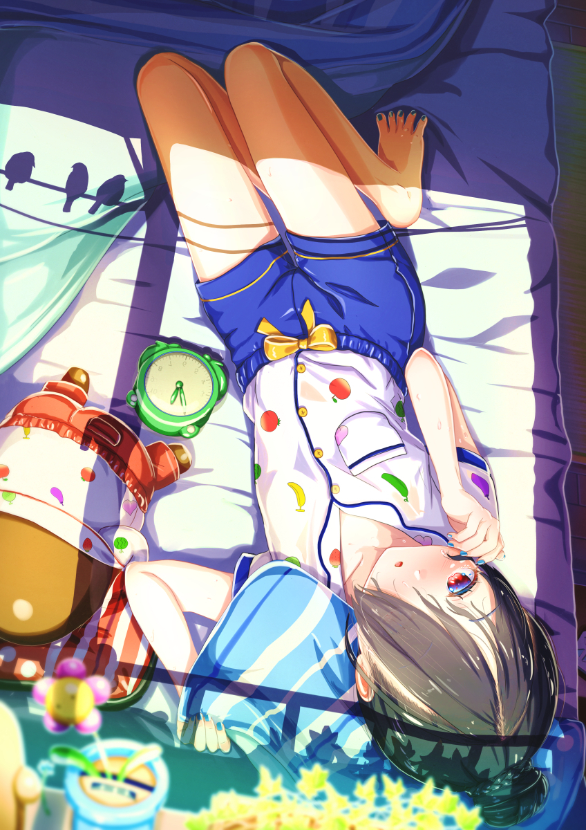 1girl abo_(kawatasyunnnosukesabu) alarm_clock barefoot black_hair blue_nails blue_shorts blush breast_pocket clock commentary_request food_print futon hair_bun hair_over_one_eye haniwa_(statue) highres lying on_back original pajamas pillow plant pocket potted_plant print_shirt red_eyes shirt short_sleeves shorts solo toenail_polish upside-down white_shirt window_shade