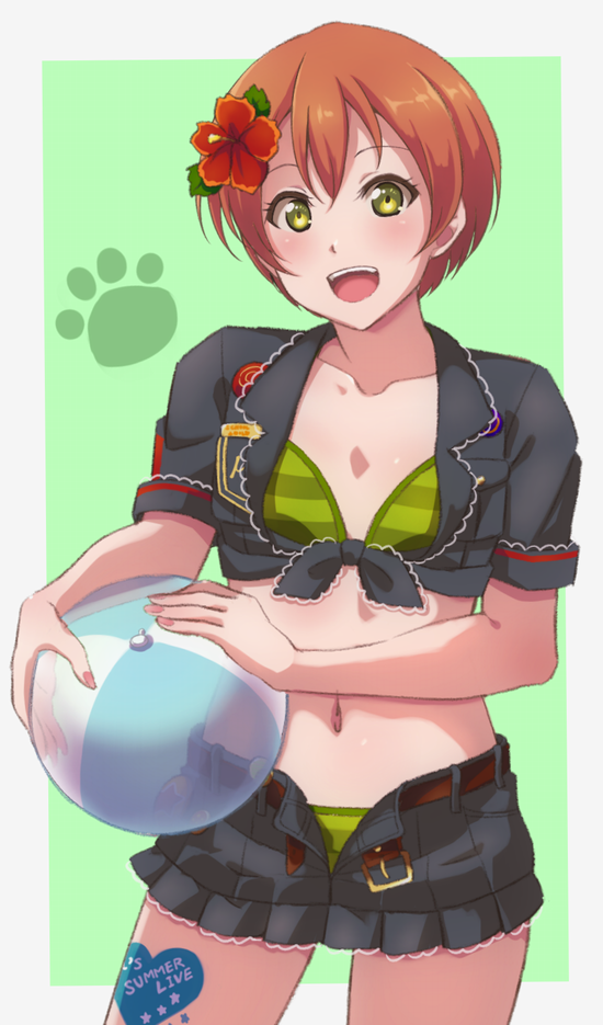 1girl :d ball beachball belt bikini bikini_under_clothes black_jacket collarbone commentary_request cowboy_shot cropped_jacket flat_chest flower green_background green_bikini green_eyes hair_flower hair_ornament holding holding_ball holding_beachball hoshizora_rin jacket looking_at_viewer love_live! love_live!_school_idol_project midriff navel open_fly open_mouth paw_print red_flower short_hair short_sleeves smile solo striped striped_bikini swimsuit thigh_tattoo tied_jacket turkey_min undone_belt