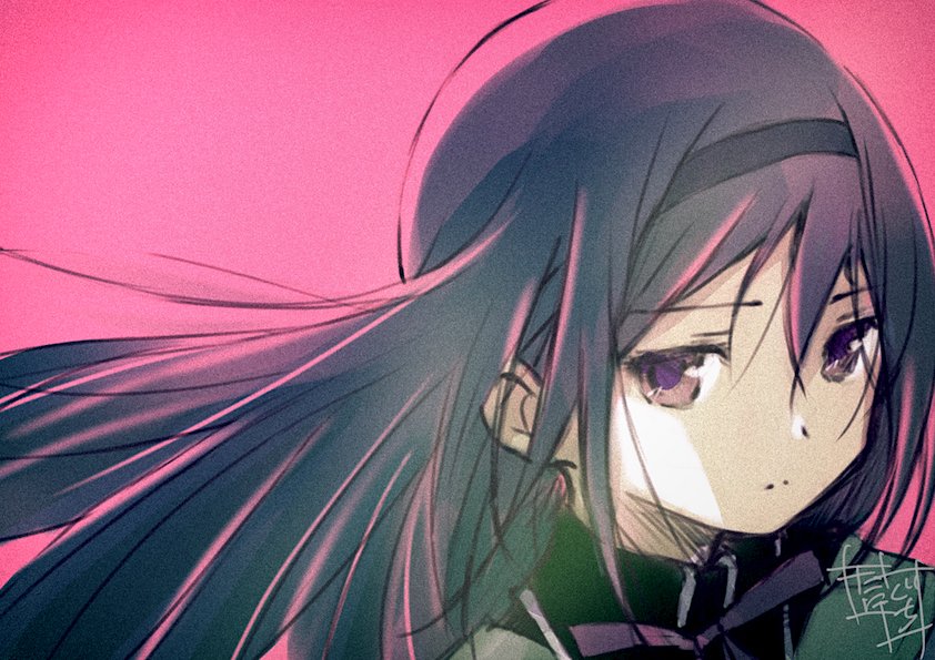 1girl akemi_homura black_hair black_hairband black_outline close-up closed_mouth dot_nose expressionless eyebrows_visible_through_hair face facing_viewer floating_hair hair_between_eyes hairband half-closed_eyes high_collar long_hair looking_to_the_side mahou_shoujo_madoka_magica neck_ribbon outline pink_background purple_ribbon ribbon shaded_face signature simple_background solo straight_hair taniguchi_jun'ichirou tareme upper_body violet_eyes