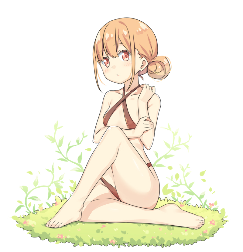 1girl bangs bare_arms bare_legs bare_shoulders barefoot bikini blush breasts brown_bikini brown_hair closed_mouth collarbone criss-cross_halter eyebrows_visible_through_hair full_body hair_between_eyes hair_bun halter_top halterneck hand_up hatsunatsu knee_up looking_at_viewer on_grass red_eyes sidelocks sitting small_breasts solo swimsuit white_background xiaoyuan_(you_can_eat_the_girl) you_can_eat_the_girl