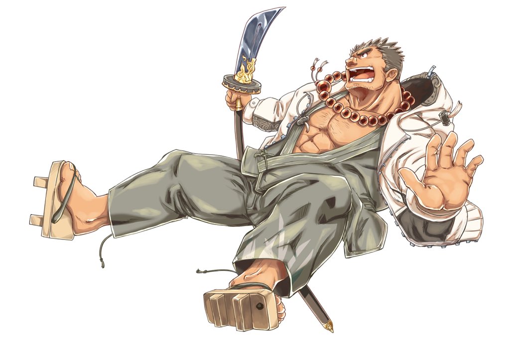 1boy abs bara beard black_hair body_hair bunta_ru chest chest_hair embers facial_hair full_body male_focus manly mononobe_kyoma_(tokyo_houkago_summoners) muscle open_clothes open_hand pectorals polearm sandals solo thick_eyebrows tokyo_houkago_summoners weapon