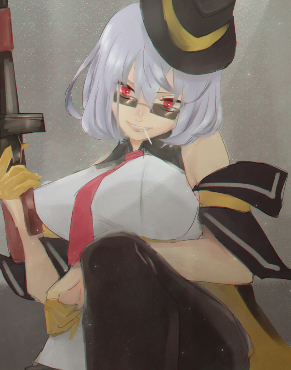 1girl black_headwear blue_hair breasts eyebrows_visible_through_hair girls_frontline glasses gloves gun hair_between_eyes hand_on_weapon hat holding holding_weapon large_breasts lips looking_at_viewer medium_hair necktie red_eyes red_neckwear simple_background smile solo submachine_gun thompson_(girls_frontline) thompson_submachine_gun toothpick tuguoji weapon yellow_gloves