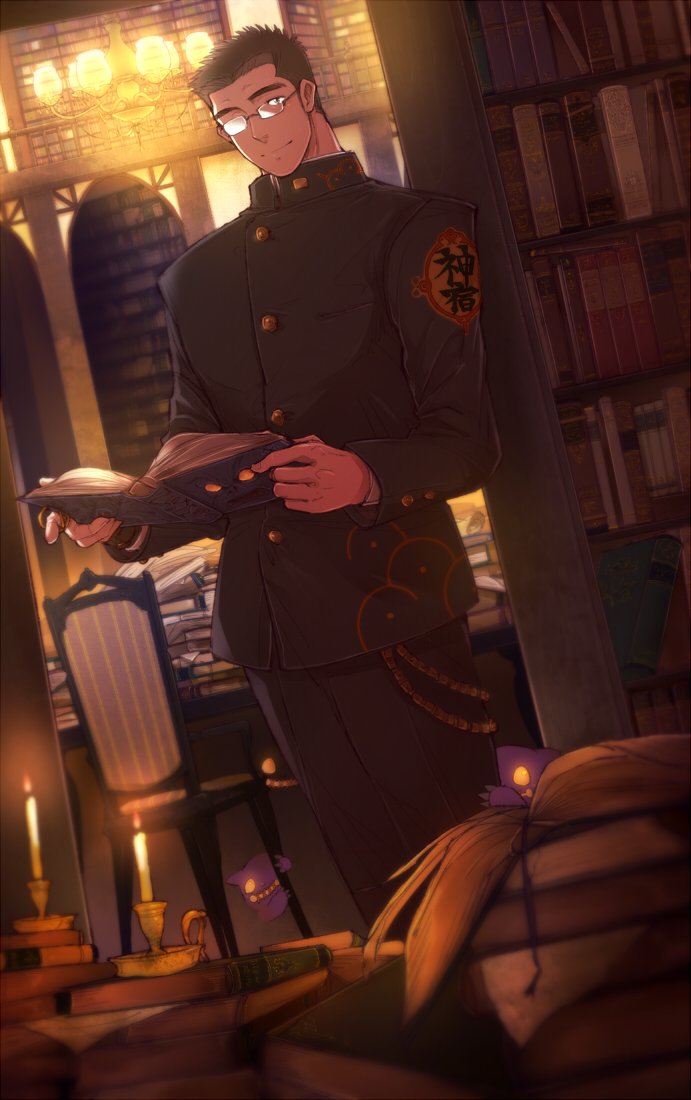 1boy black_hair book bookshelf brown_hair columns_ke gakuran glasses holding indoors library long_sleeves male_focus open_book school_uniform shiro_(tokyo_houkago_summoners) smile solo thick_eyebrows tokyo_houkago_summoners upper_body