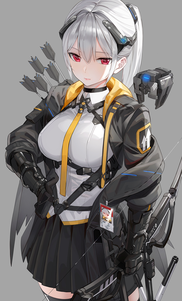 1girl arrow_(projectile) bangs black_choker black_jacket black_legwear black_skirt bow bow_(weapon) choker closed_mouth collared_shirt commentary_request compound_bow drone gauntlets grey_background hair_between_eyes headgear high_ponytail highres holding holding_weapon hood hoodie id_card jacket kfr multiple_straps open_clothes open_jacket original pink_lips pleated_skirt pouch red_eyes robot shirt sidelocks silver_hair skirt strap thigh-highs weapon white_shirt yellow_neckwear