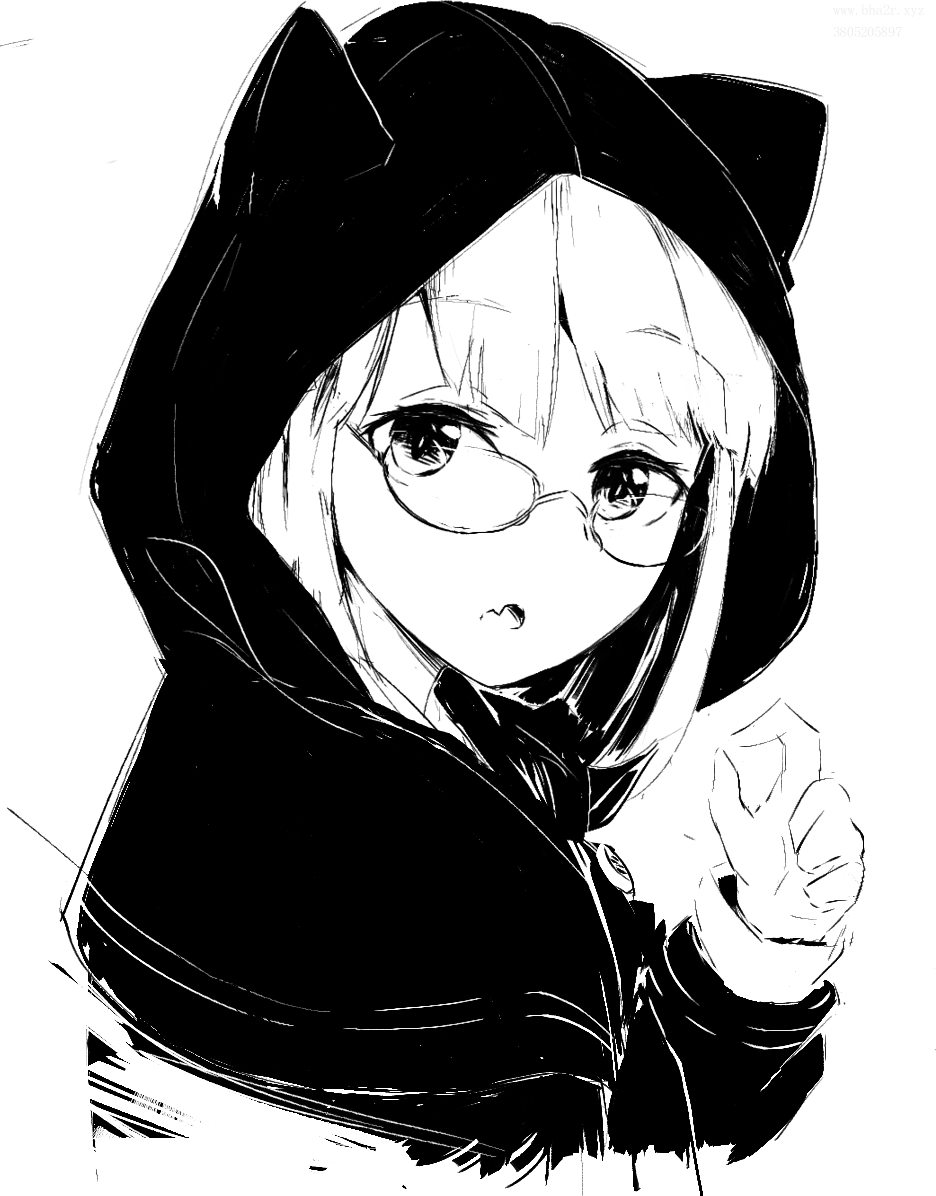 1girl animal_ears animal_hood bangs black_eyes cat_hood commentary_request eyebrows_visible_through_hair face fake_animal_ears fang from_side glasses greyscale high_contrast hood hood_up hoodie long_sleeves looking_at_viewer looking_to_the_side monochrome original simple_background skin_fang solo tomato_(potato) white_background