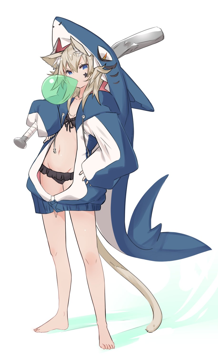 1girl animal_ear_fluff animal_ears bangs barefoot baseball_bat bikini bikini_skirt black_bikini blue_eyes bubble_blowing cat_ears chewing_gum commentary commentary_request flat_chest frilled_bikini frills frown full_body groin hair_between_eyes highres holding holding_weapon hood hoodie jacket kazana_(sakuto) looking_at_viewer navel open_clothes open_hoodie open_jacket original shark shark_costume shark_hood simple_background sleeves_past_wrists solo star_(symbol) sticker swimsuit tail tattoo unzipped weapon white_background