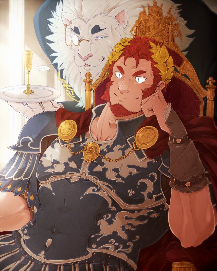 2boys alternate_costume armor bara blue_eyes cape claude_(tokyo_houkago_summoners) columns_ke cup drinking_glass elbow_rest facial_hair formal furry goatee laurel_crown male_focus multiple_boys orange_hair plate sideburns smile snow_(tokyo_houkago_summoners) throne tokyo_houkago_summoners upper_body