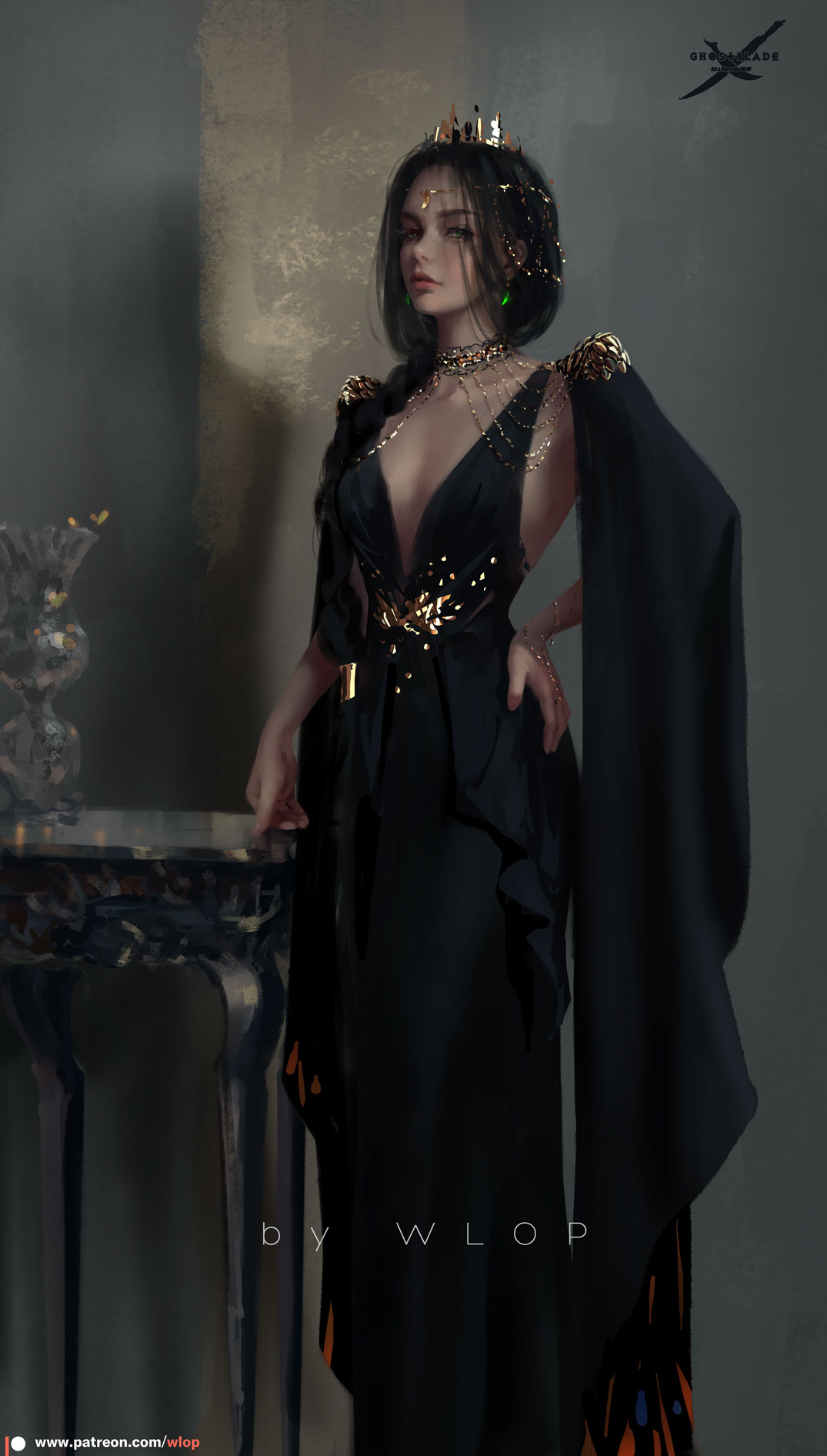 1girl black_dress black_hair blue_eyes breasts chain choker collarbone dress ghostblade gold_chain hand_on_hip head_chain highres lips long_hair looking_at_viewer medium_breasts patreon_username princess_aeolian solo standing table watermark web_address wlop