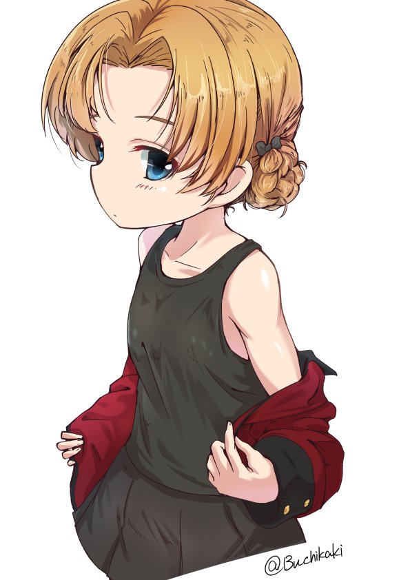 1girl bangs black_bow black_shirt black_skirt blue_eyes bow braid buchikaki closed_mouth commentary girls_und_panzer hair_bow jacket jacket_pull long_sleeves looking_at_viewer military military_uniform miniskirt open_clothes open_jacket orange_hair orange_pekoe_(girls_und_panzer) parted_bangs pleated_skirt pulled_by_self red_jacket shirt short_hair simple_background skirt solo st._gloriana's_military_uniform standing tank_top tied_hair twitter_username undressing uniform white_background