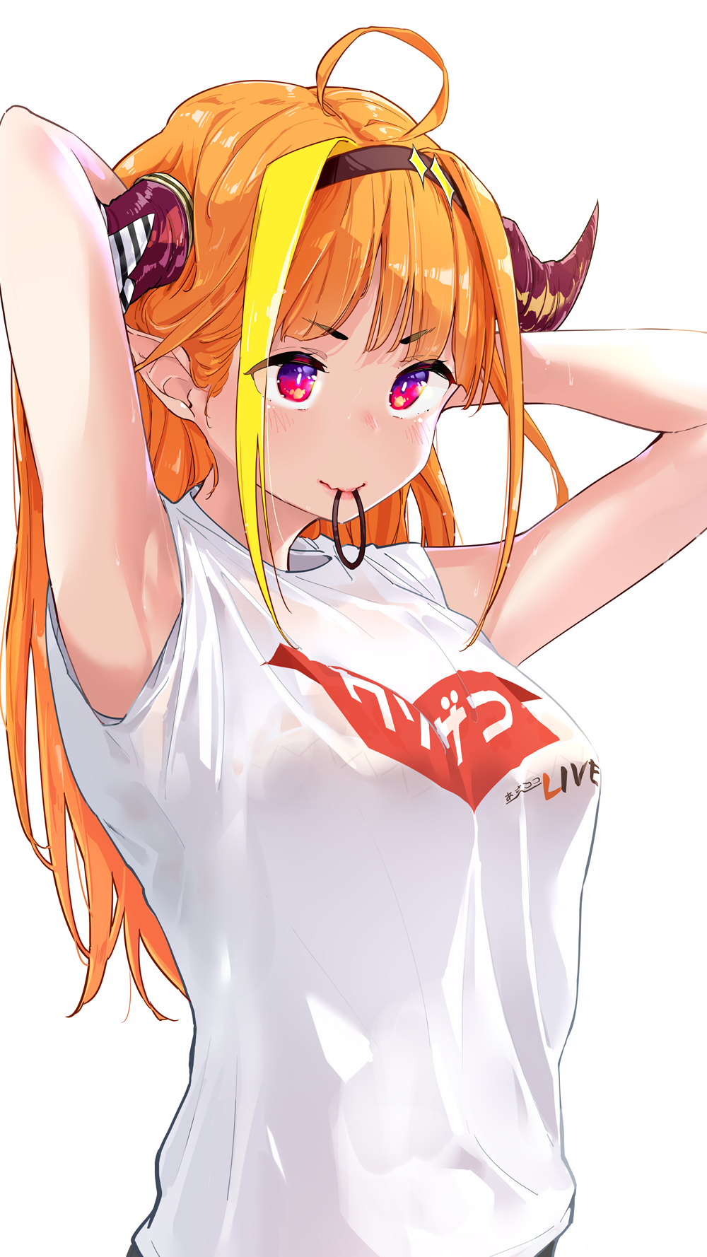 1girl armpits arms_behind_head bra breasts clothes_writing dragon_girl dragon_horns hair_tie_in_mouth highres hololive horns kiryuu_coco large_breasts mouth_hold orange_hair red_eyes see-through_silhouette solo tying_hair underwear white_background white_bra yuyaiyaui