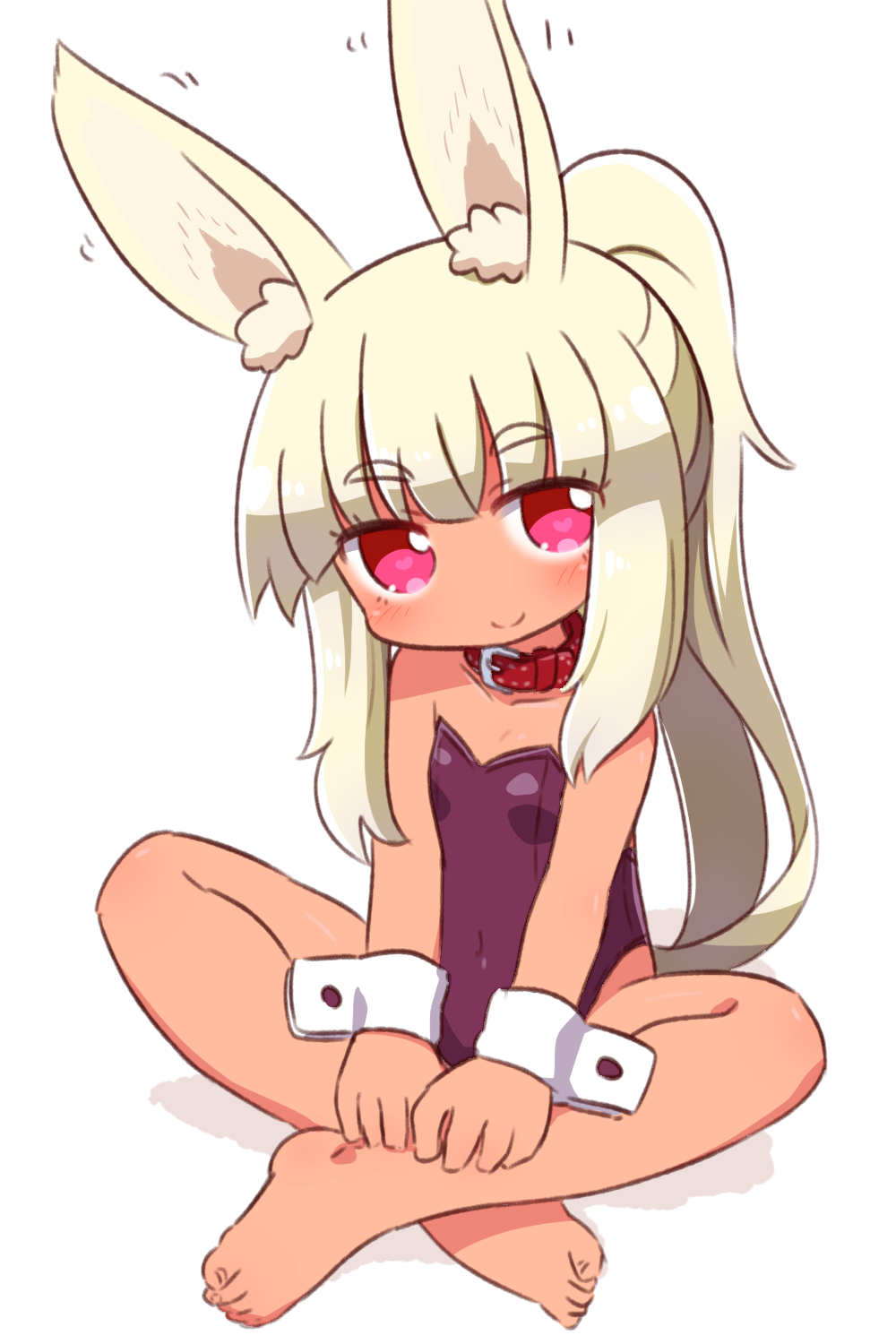 1girl animal_ear_fluff animal_ears bangs bare_legs bare_shoulders barefoot blonde_hair blush breasts closed_mouth collar collarbone covered_navel crossed_ankles eyebrows_visible_through_hair full_body heart heart-shaped_pupils highres leotard long_hair looking_at_viewer masurao_(sekaiju) naga_u ponytail purple_leotard rabbit_ears red_collar red_eyes sekaiju_no_meikyuu sekaiju_no_meikyuu_5 shadow short_eyebrows sitting small_breasts smile solo strapless strapless_leotard symbol-shaped_pupils tan thick_eyebrows very_long_hair wrist_cuffs