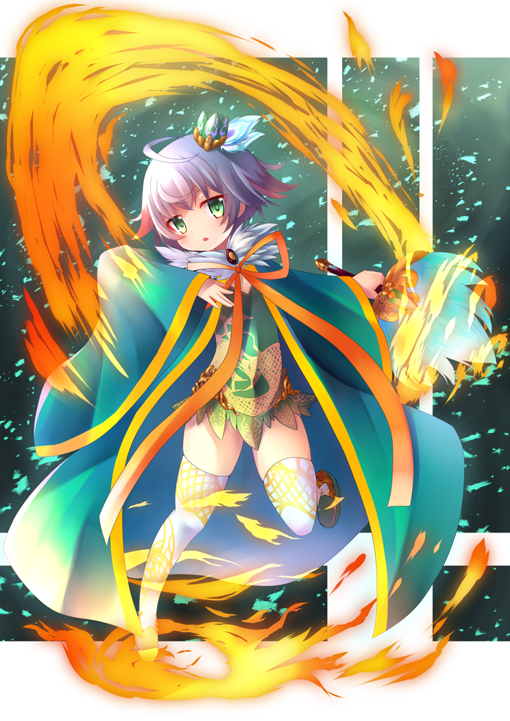 1girl :o ahoge aisha_(sennen_sensou_aigis) bangs blush dress eyebrows_visible_through_hair fire green_dress green_eyes green_footwear green_robe head_tilt holding long_sleeves looking_at_viewer multicolored_hair neck_ribbon open_clothes open_robe orange_ribbon parted_lips redhead reiji_0_g ribbon robe sennen_sensou_aigis shoes short_hair silver_hair sleeves_past_wrists solo standing standing_on_one_leg streaked_hair thigh-highs white_legwear wide_sleeves