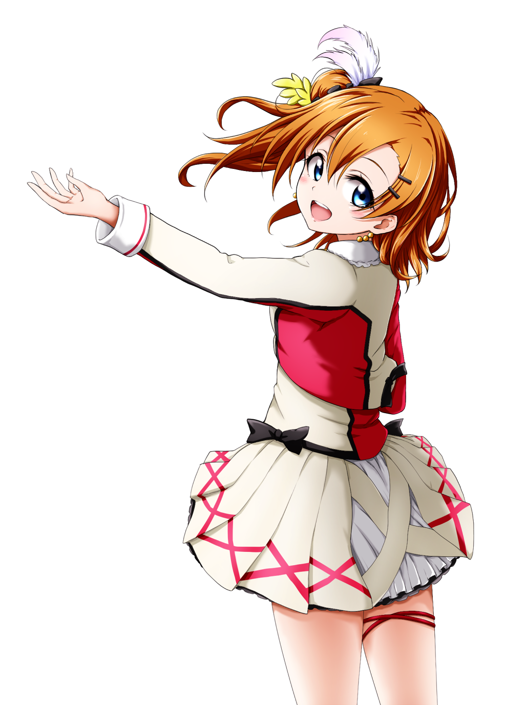 1girl :d ascii_media_works bangs black_bow blue_eyes blush bow bushiroad commentary_request cropped_jacket cute eyebrows_visible_through_hair hair_between_eyes hair_ornament hairclip highres kousaka_honoka kuena long_sleeves looking_at_viewer looking_back love_live! love_live!_school_idol_project one_side_up open_mouth orange_hair outstretched_arm pleated_skirt shirt simple_background skirt smile solo sunrise_(studio) upper_teeth white_background white_shirt white_skirt