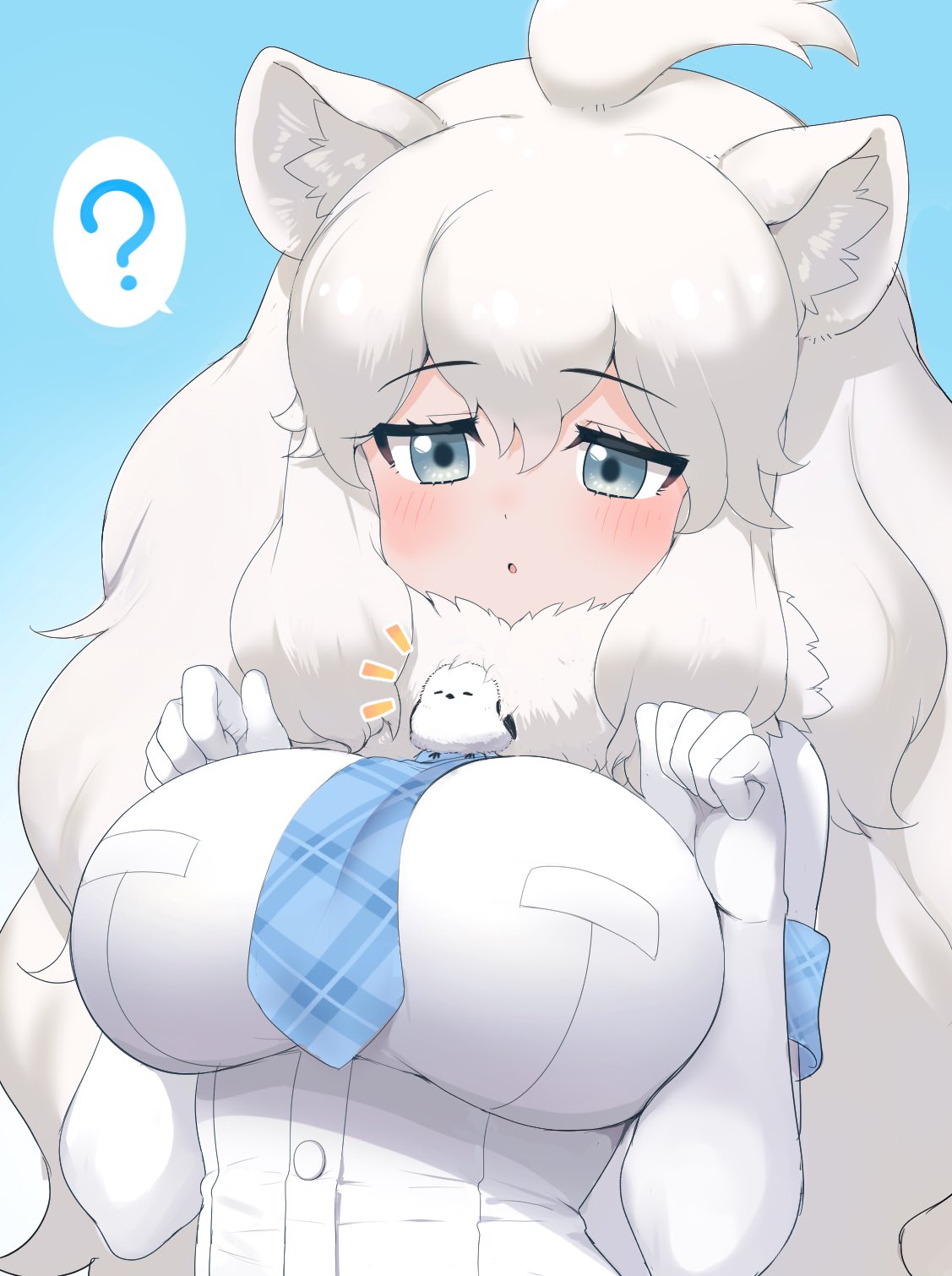 1girl ? animal_ears big_hair bird blue_eyes blue_neckwear blush commentary_request elbow_gloves eyebrows_visible_through_hair fur_collar gloves highres kemono_friends lion_ears lion_girl long_hair necktie plaid_neckwear plaid_trim ransusan shirt short_sleeves solo spoken_question_mark upper_body white_fur white_gloves white_lion_(kemono_friends) white_shirt