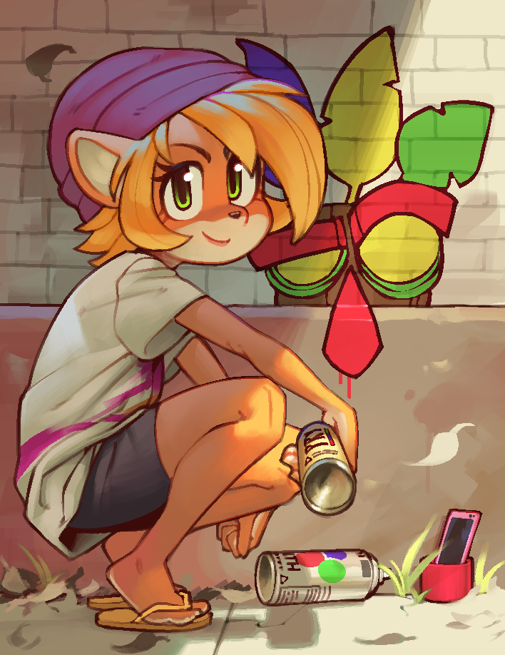 1girl aku_aku aliasing alternate_hair_length alternate_hairstyle animal_ears bangs beanie bike_shorts cellphone closed_mouth coco_bandicoot crash_bandicoot day english_commentary flip-flops from_side full_body furry graffiti grass green_eyes happy hat leaf looking_at_viewer outdoors phone purple_headwear sandals shiny shiny_hair shirt short_hair short_sleeves smile solo spray_can spray_paint squatting wamudraws white_shirt yellow_footwear