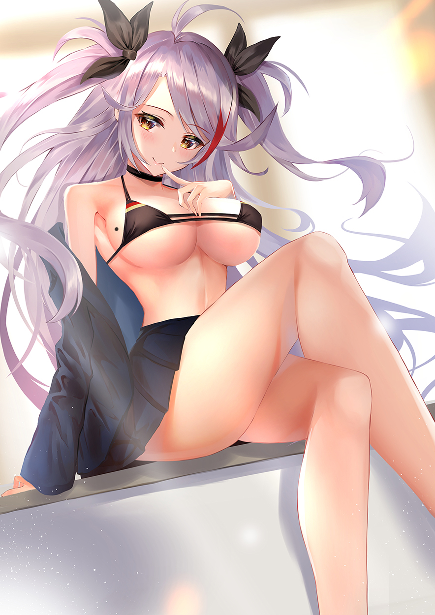 1girl antenna_hair azur_lane bangs bikini black_bikini black_choker black_skirt blush breasts choker crossed_legs eyebrows_visible_through_hair flag_print german_flag_bikini hair_between_eyes hair_ribbon highres jacket large_breasts long_hair looking_at_viewer mole mole_on_breast multicolored_hair off_shoulder pleated_skirt prinz_eugen_(azur_lane) prinz_eugen_(unfading_smile)_(azur_lane) redhead ribbon side-tie_bikini silver_hair skirt smile solo streaked_hair swimsuit two_side_up very_long_hair yk_(pixiv43531291)