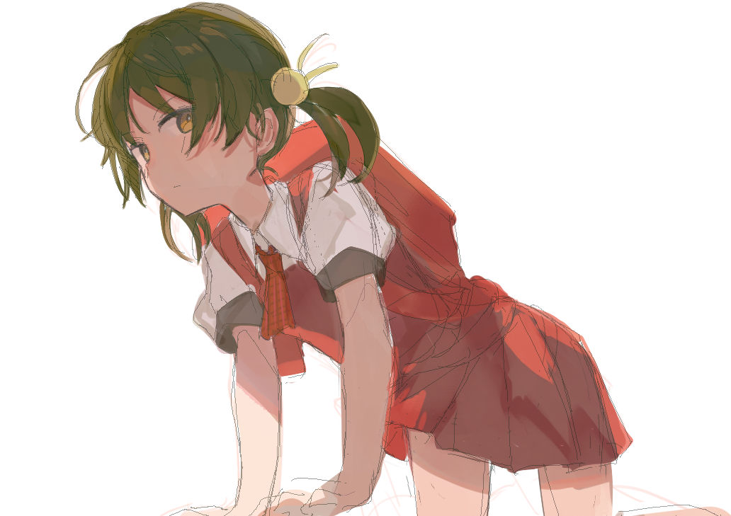 1girl all_fours ascot backpack bag commentary dress expressionless green_hair kaai_yuki looking_at_viewer miniskirt note55885 pleated_skirt red_dress red_neckwear red_skirt school_uniform shirt short_hair short_twintails sketch skirt solo twintails vocaloid white_background white_shirt yellow_eyes