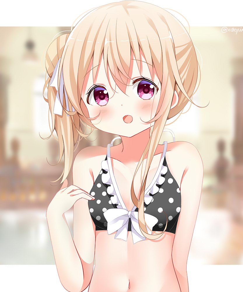 :d bangs bare_arms bare_shoulders bikini bikini_top black_bikini blurry blurry_background blush breasts character_request collarbone commentary_request depth_of_field deyui eyebrows_visible_through_hair frilled_bikini frills gochuumon_wa_usagi_desu_ka? hair_between_eyes hair_bun light_brown_hair long_hair looking_at_viewer navel open_mouth polka_dot polka_dot_bikini side_bun side_ponytail small_breasts smile swimsuit twitter_username upper_body violet_eyes